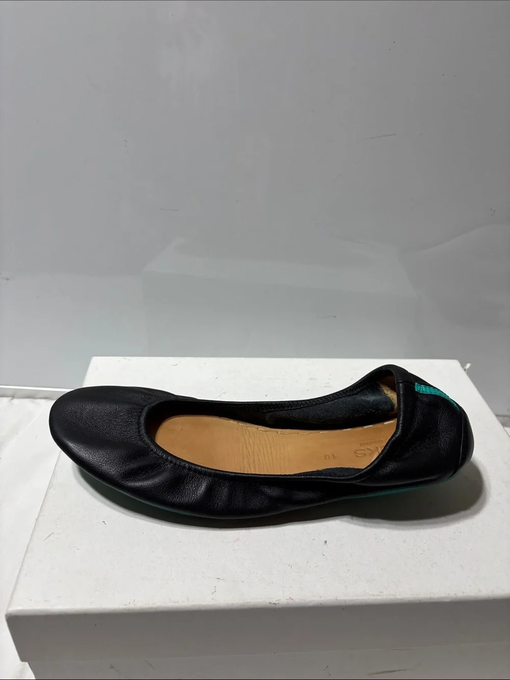 Tieks Black Leather Ballet Flats with Teal Heel Tab - Picture 6 of 7